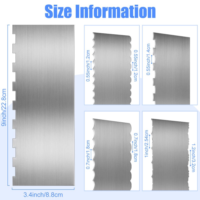 Geiserailie 4 Pieces Stainless Steel Cake Scraper Smoother Large Double Sided Patterned Edge Stripe 9 Inch Metal Cake Decorating Comb for Icing Mousse Butter Cream Decoration, 4 Styles - Image 2