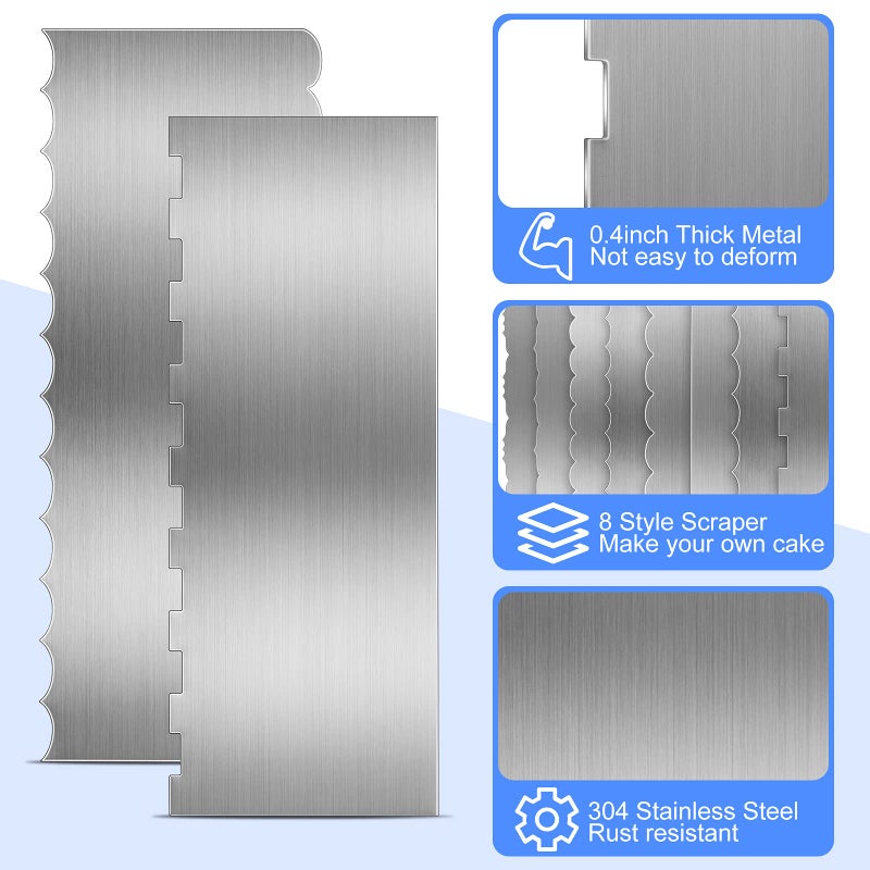 Geiserailie 4 Pieces Stainless Steel Cake Scraper Smoother Large Double Sided Patterned Edge Stripe 9 Inch Metal Cake Decorating Comb for Icing Mousse Butter Cream Decoration, 4 Styles - Image 3