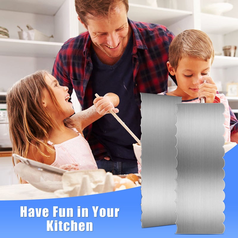 Geiserailie 4 Pieces Stainless Steel Cake Scraper Smoother Large Double Sided Patterned Edge Stripe 9 Inch Metal Cake Decorating Comb for Icing Mousse Butter Cream Decoration, 4 Styles - Image 5