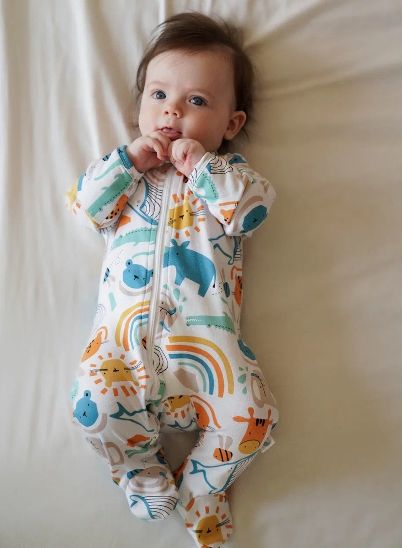 Newborn Cotton Sleepsuit “In the Animal World” – OEKO-TEX Certified Baby Jumpsuit with Two-Way Zipper, Soft First-Layer Outfit, Scratch Mitt Cuffs, Size 56