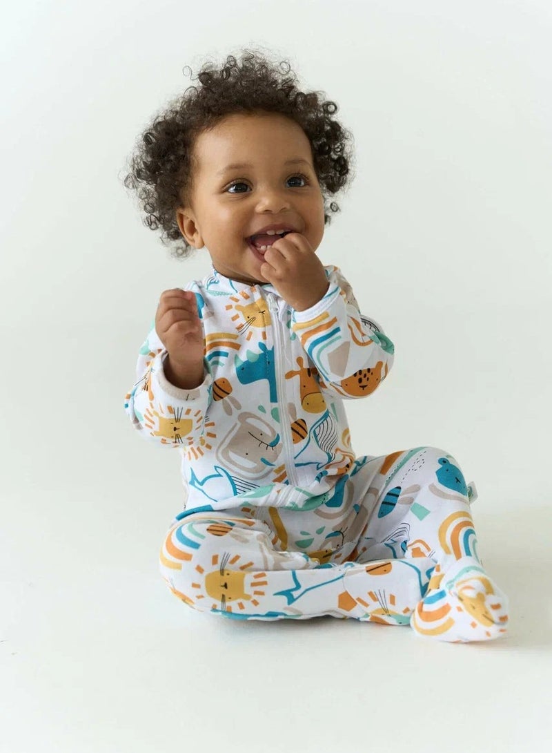 Newborn Cotton Sleepsuit “In the Animal World” – OEKO-TEX Certified Baby Jumpsuit with Two-Way Zipper, Soft First-Layer Outfit, Scratch Mitt Cuffs, Size 56