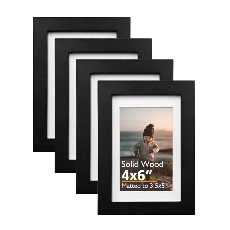 KINLINK 4x6 Picture Frame Black Solid Wood Frames with Acrylic Plexiglass for 35x5 with Mat or 4x6 without Mat Tabletop and Wall Display Photo Frame Black4 Pack