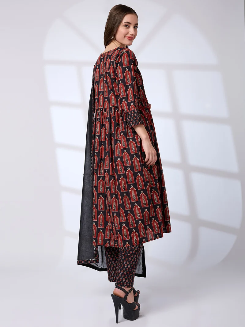 globus Women V-Neck Ethnic Print Sequin A-Line Kurta With Pant & Gotta Lace Dupatta Workwear Set