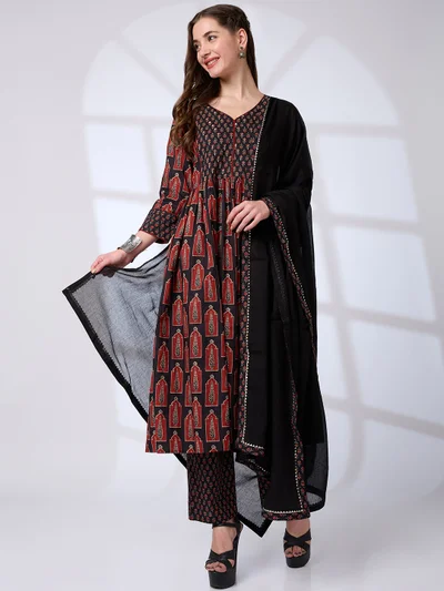 globus Women V-Neck Ethnic Print Sequin A-Line Kurta With Pant & Gotta Lace Dupatta Workwear Set