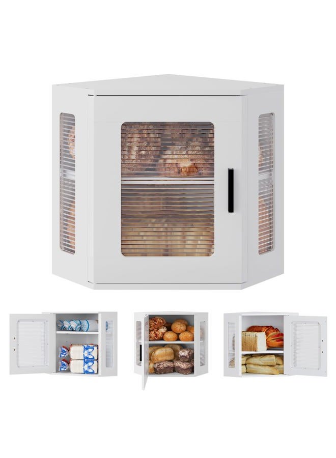 TQVAI Corner Bread Box for Kitchen Countertop, Solid Wood Double Layer Large Storage Container with Adjustable Shelves, Farmhouse Acrylic Window Design, White - Image 1