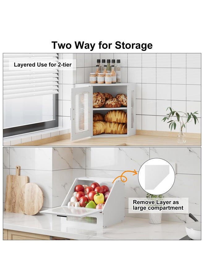 TQVAI Corner Bread Box for Kitchen Countertop, Solid Wood Double Layer Large Storage Container with Adjustable Shelves, Farmhouse Acrylic Window Design, White - Image 5
