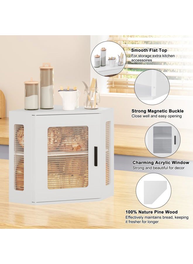 TQVAI Corner Bread Box for Kitchen Countertop, Solid Wood Double Layer Large Storage Container with Adjustable Shelves, Farmhouse Acrylic Window Design, White - Image 4