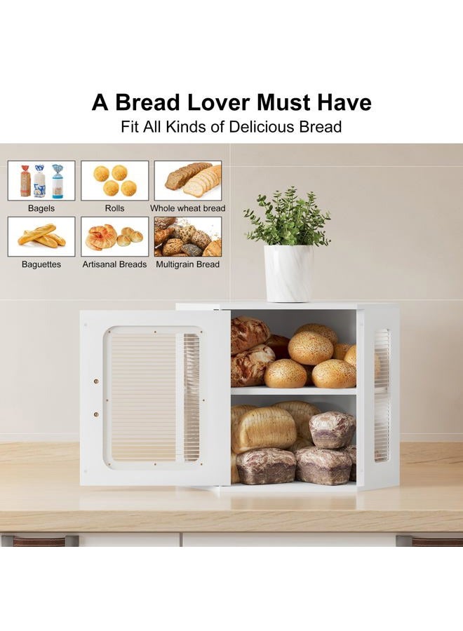 TQVAI Corner Bread Box for Kitchen Countertop, Solid Wood Double Layer Large Storage Container with Adjustable Shelves, Farmhouse Acrylic Window Design, White - Image 2