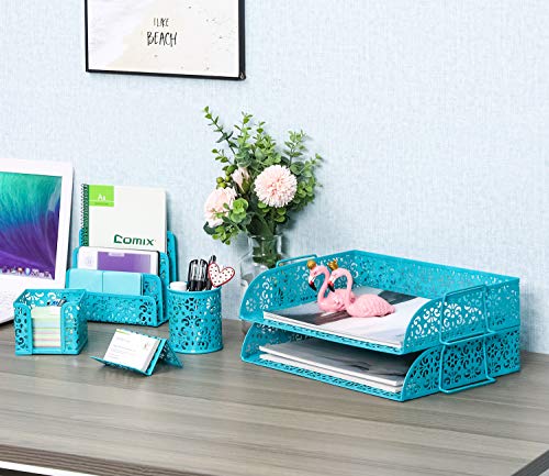 EasyPAG 5-Piece Desk Organizer Set with Carved Floral Design - No Assembly Stackable 2-Tier File Tray, Letter Sorter, Pen & Card Holders for Office/Home/Dorm, Dark Teal - Image 2