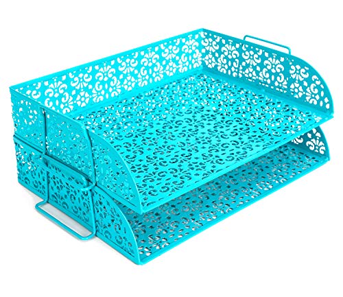 EasyPAG 5-Piece Desk Organizer Set with Carved Floral Design - No Assembly Stackable 2-Tier File Tray, Letter Sorter, Pen & Card Holders for Office/Home/Dorm, Dark Teal - Image 4