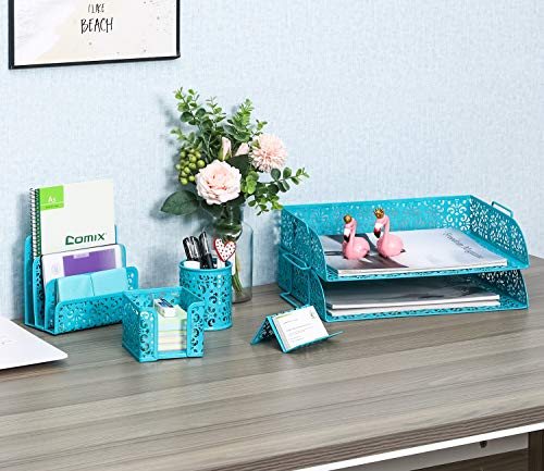 EasyPAG 5-Piece Desk Organizer Set with Carved Floral Design - No Assembly Stackable 2-Tier File Tray, Letter Sorter, Pen & Card Holders for Office/Home/Dorm, Dark Teal - Image 3