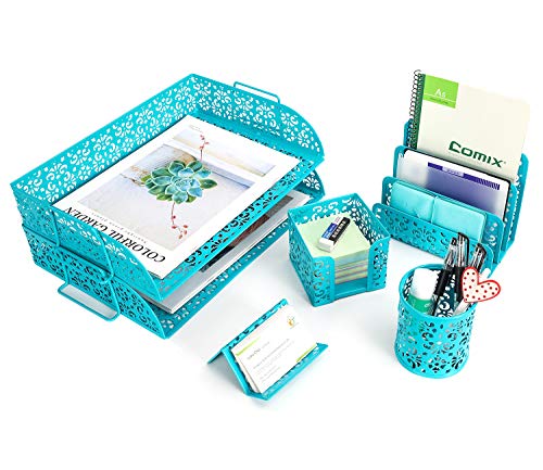 EasyPAG 5-Piece Desk Organizer Set with Carved Floral Design - No Assembly Stackable 2-Tier File Tray, Letter Sorter, Pen & Card Holders for Office/Home/Dorm, Dark Teal - Image 1