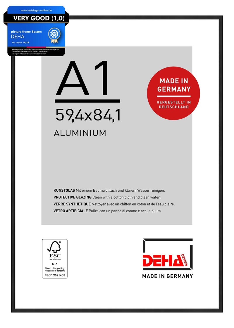 DEHA Design Photo Frame Aluminium Picture Frame 594x841cm with Protective Plastic Glazing and Push and Turn Clips  Boston Jet Black Matt