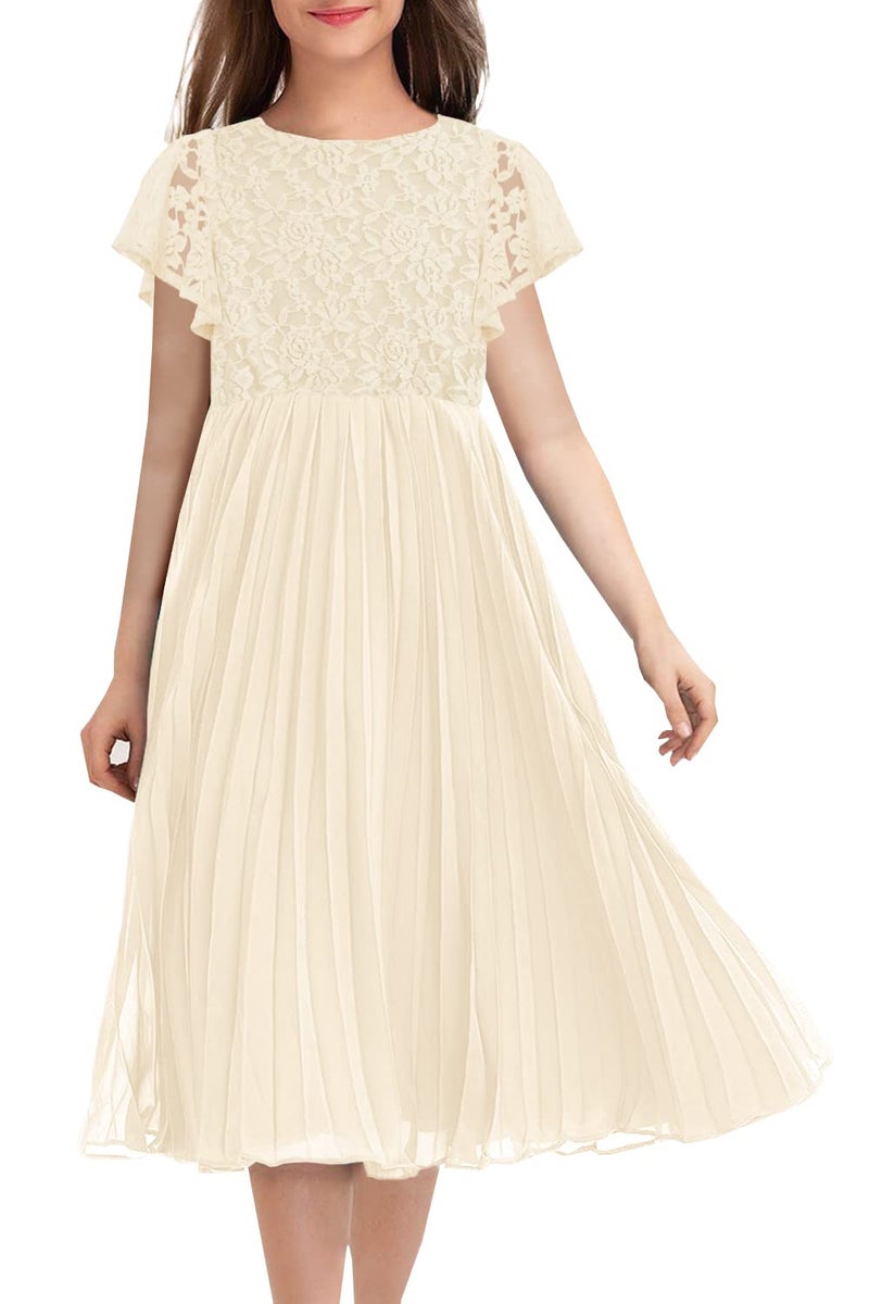 HOSIKA Flower Girl Dress Elegant Vintage Lace Ruffle Sleeve A-Line Pleated Formal Wedding Party Dress Apricot 6-7 Years - Image 1
