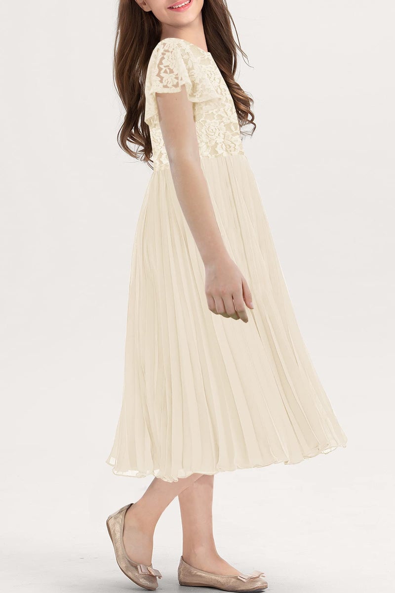 HOSIKA Flower Girl Dress Elegant Vintage Lace Ruffle Sleeve A-Line Pleated Formal Wedding Party Dress Apricot 6-7 Years - Image 4