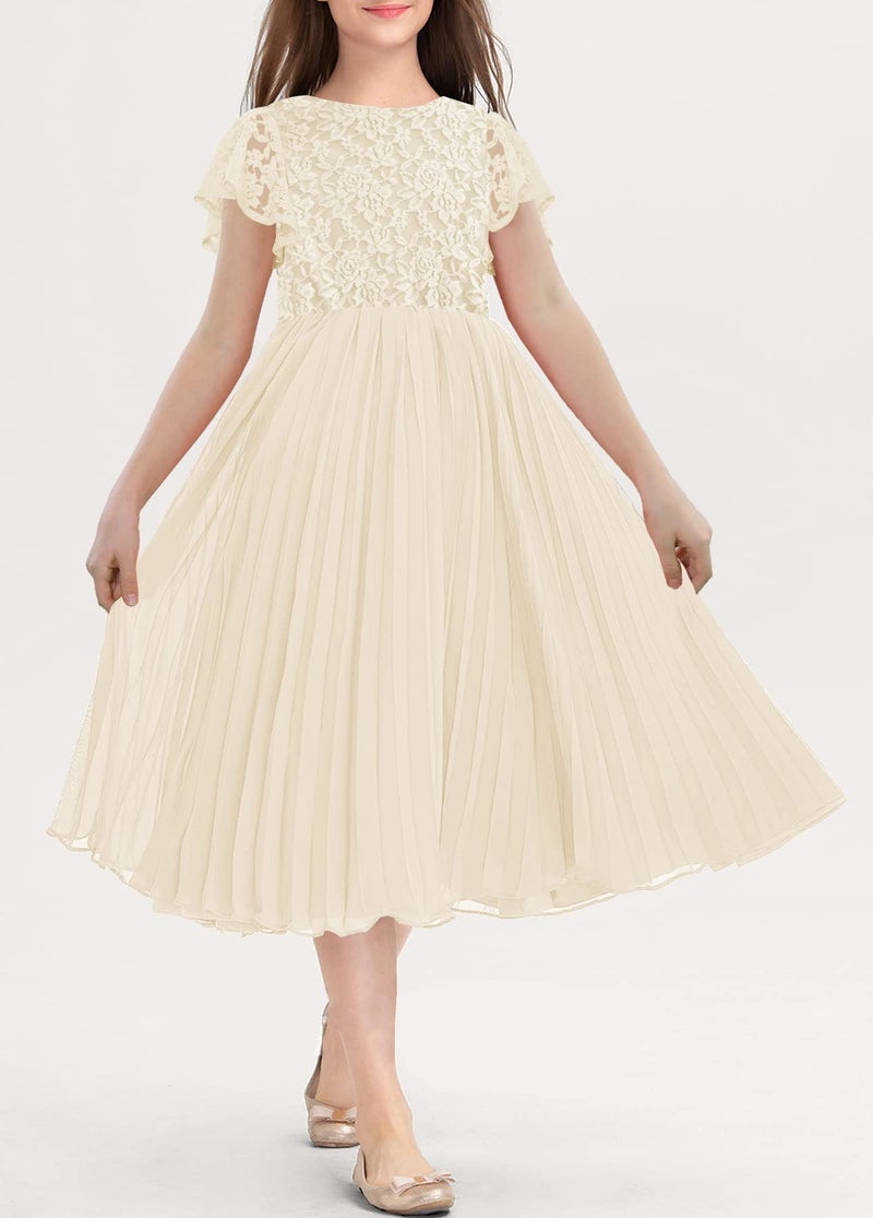 HOSIKA Flower Girl Dress Elegant Vintage Lace Ruffle Sleeve A-Line Pleated Formal Wedding Party Dress Apricot 6-7 Years - Image 2