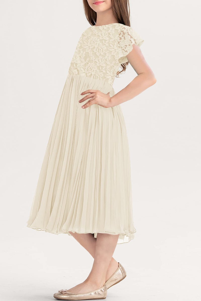 HOSIKA Flower Girl Dress Elegant Vintage Lace Ruffle Sleeve A-Line Pleated Formal Wedding Party Dress Apricot 6-7 Years - Image 3