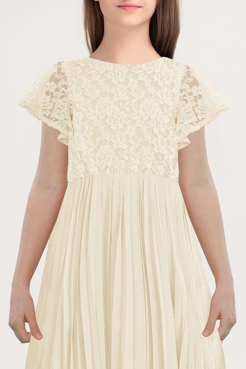 HOSIKA Flower Girl Dress Elegant Vintage Lace Ruffle Sleeve A-Line Pleated Formal Wedding Party Dress Apricot 6-7 Years - Image 5