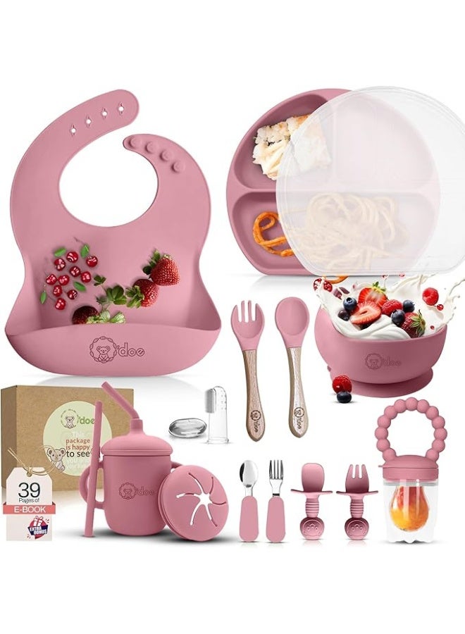 O'doe 16-Piece Baby-Led Weaning Feeding Set – Silicone Suction Plate & Bowl with Lid, Fruit Feeder, Sippy Cup, Bib & Utensils Kit for 6+ Months Toddlers (Rose Pink) - Image 1