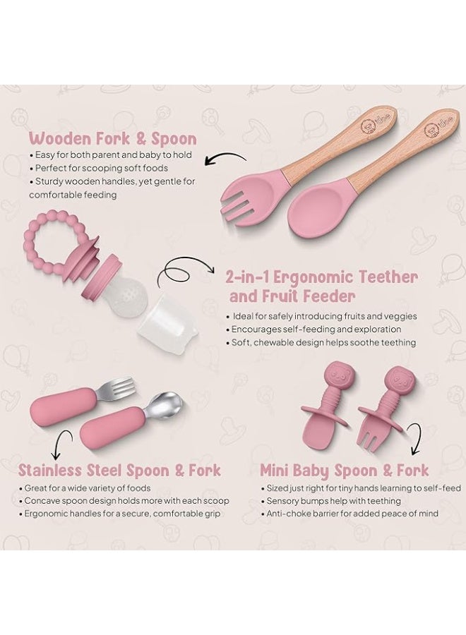 O'doe 16-Piece Baby-Led Weaning Feeding Set – Silicone Suction Plate & Bowl with Lid, Fruit Feeder, Sippy Cup, Bib & Utensils Kit for 6+ Months Toddlers (Rose Pink) - Image 4