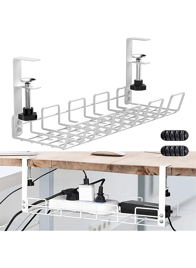 PROMASS Desk Cable Management Tray,  40cm Drill Free Metal Desk Cable Organizers, Wire Management Tray Cable Management Rack, Includes Cord Holder and Velcro Ties (White) - Image 1