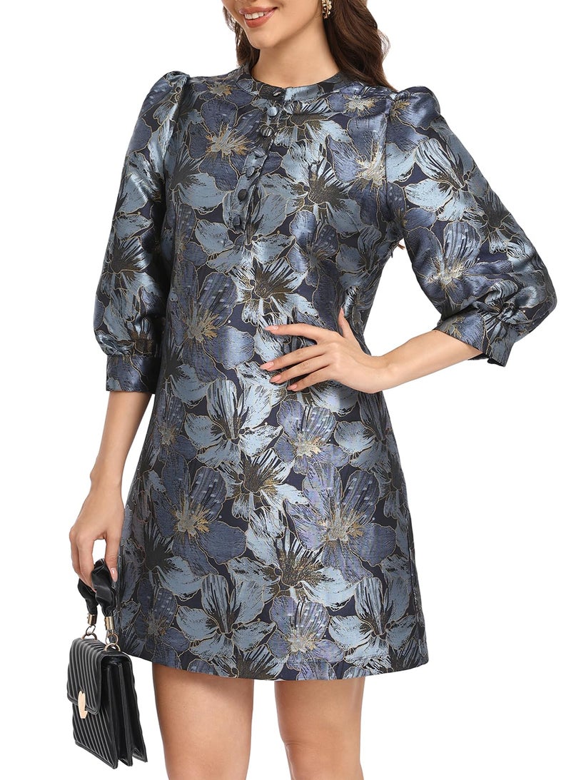 Ladyful Women's Floral Jacquard Shift Dress 2026 Long Puff Sleeve Button Up Elegant Cocktail Party Mini Dress Blue - Image 1