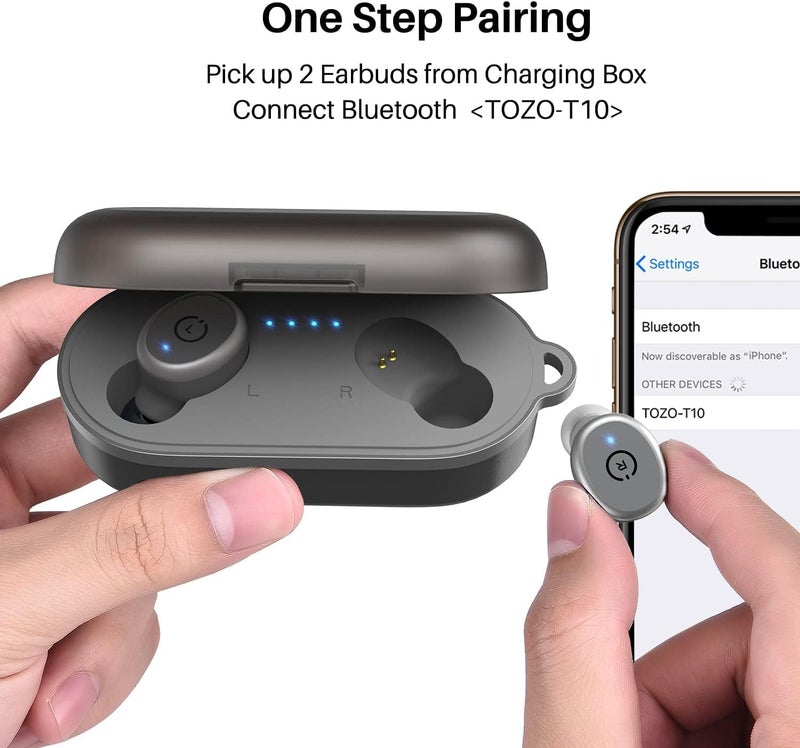 توزو سماعات أذن لاسلكية T10 (إصدار كلاسيكي) بتقنية Bluetooth 5.3 مع علبة شحن لاسلكية، مقاومة للماء IPX8، سماعات ستيريو داخل الأذن مع ميكروفون مدمج، صوت ممتاز مع باس عميق للرياضة - رمادي - Image 2