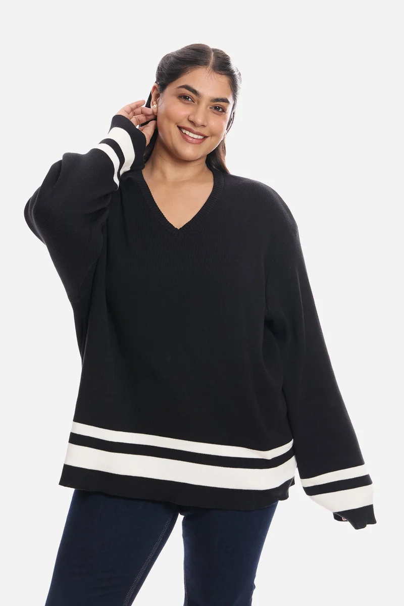 فيرجيو Colourblocked Cotton Bell Sleeve Plus Size Pull Over for Women