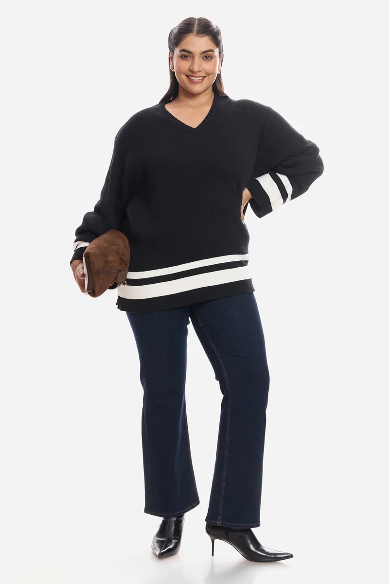 فيرجيو Colourblocked Cotton Bell Sleeve Plus Size Pull Over for Women