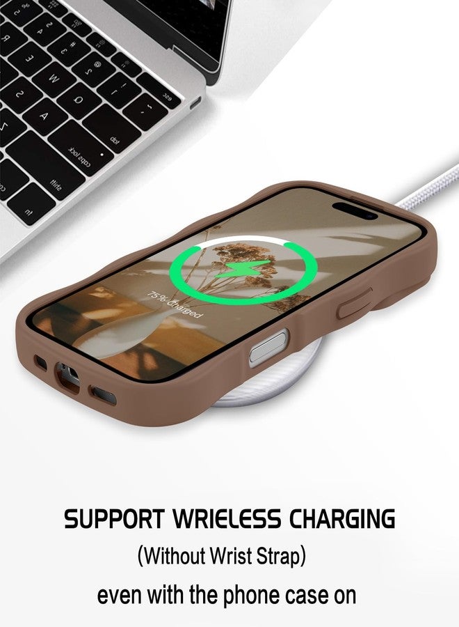 جراب GUAGUA لهاتف iPhone 16 مع حزام معصم، جراب هاتف مموج لهاتف iPhone 16، تصميم لطيف على شكل موجة مجعدة مع حزام معصم قابل للتعديل، مسند، جراب هاتف مقاوم للصدمات ومضاد للانزلاق لهاتف iPhone 16 مقاس 6.1 بوصة، بني - Image 5