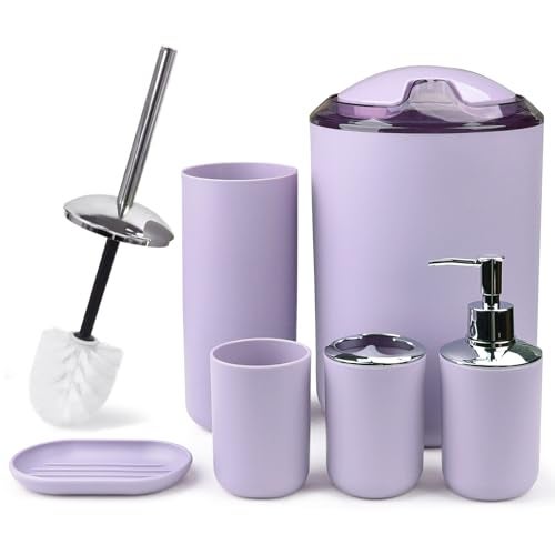 CERBIOR Bathroom Accessories Set 6 Piece Bath Ensemble Includes Soap Dispenser Toothbrush Holder Toothbrush Cup Soap Dish for Decorative Countertop and Housewarming Gift Purple - Image 1