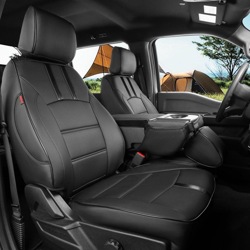 coverdream أغطية مقاعد أمامية لفورد F150 لعام 2021-2026 سوبر كرو XL، XLT، STX و لايتنينغ فلاش، XLT (2022-2024)، لفورد F250 F350 كرو كاب XL، XLT، واقي مقاعد جلدية مغطاة بالكامل (عبوة 2، أسود) - Image 1