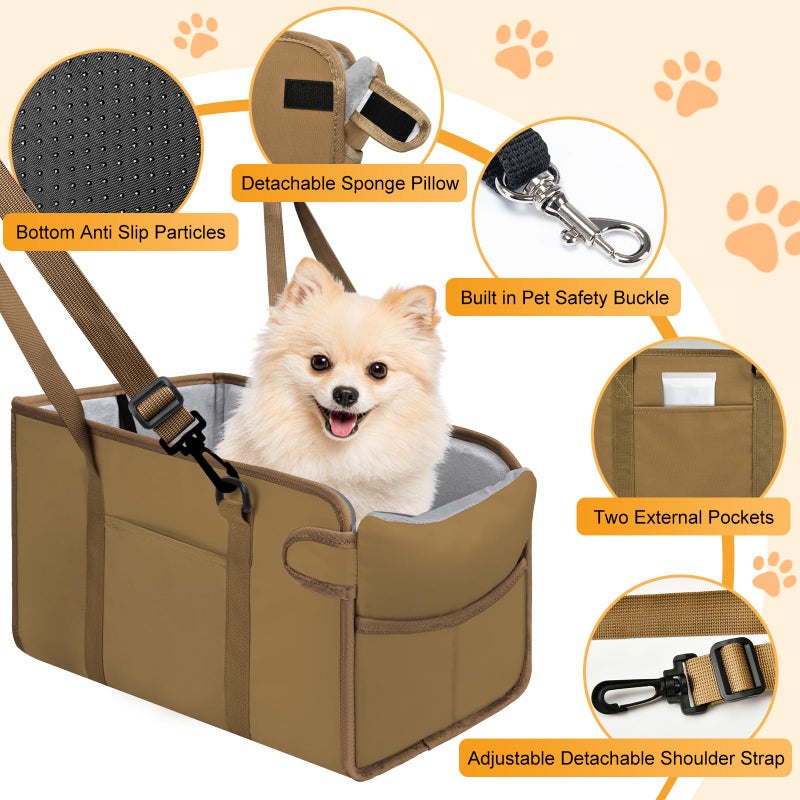NECKORY Portable Dog Car Seat for Small Dogs - Adjustable Safety Leash, Washable Cushion & Storage Pocket - Pet Booster Seat for Car Travel- Khaki - Image 3