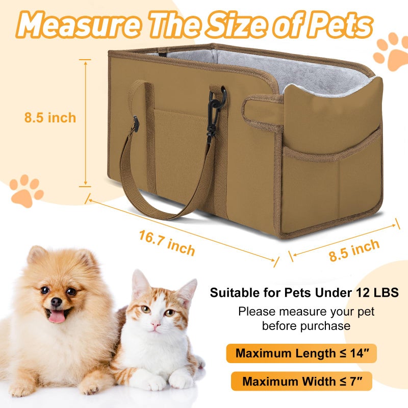 NECKORY Portable Dog Car Seat for Small Dogs - Adjustable Safety Leash, Washable Cushion & Storage Pocket - Pet Booster Seat for Car Travel- Khaki - Image 2