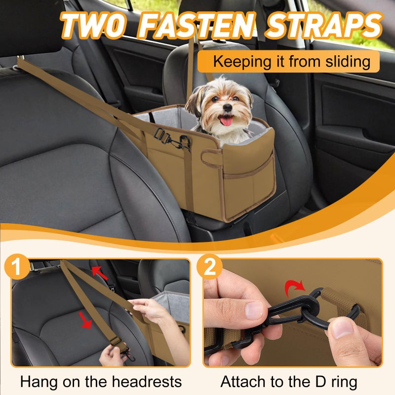 NECKORY Portable Dog Car Seat for Small Dogs - Adjustable Safety Leash, Washable Cushion & Storage Pocket - Pet Booster Seat for Car Travel- Khaki - Image 5
