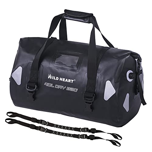 WILD HEART حقيبة دفل مائية للدراجات النارية WILD HEART PVC500D مع أحزمة حبال وجيب داخلي 40L 66L 100L للتجديف، التخييم، الإبحار، الدراجة النارية (40L، أسود) - Image 1