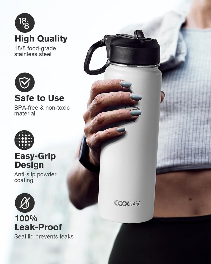 Coolflask Water Bottle 750ml Insulated with Straw, Stainless Steel Metal 3 Lids Water Flask Wide Mouth for Sports or Office, Non-BPA Keep Cold Up to 48 Hrs or Hot Up to 24 Hrs, White - Image 3