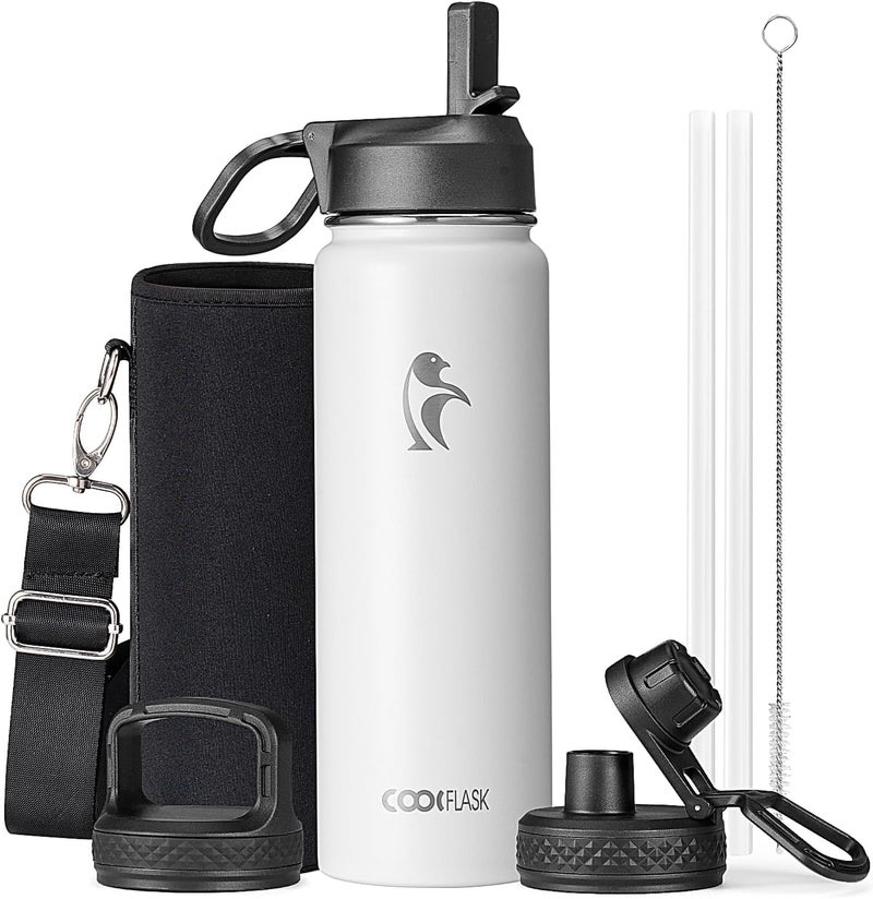 Coolflask Water Bottle 750ml Insulated with Straw, Stainless Steel Metal 3 Lids Water Flask Wide Mouth for Sports or Office, Non-BPA Keep Cold Up to 48 Hrs or Hot Up to 24 Hrs, White - Image 1