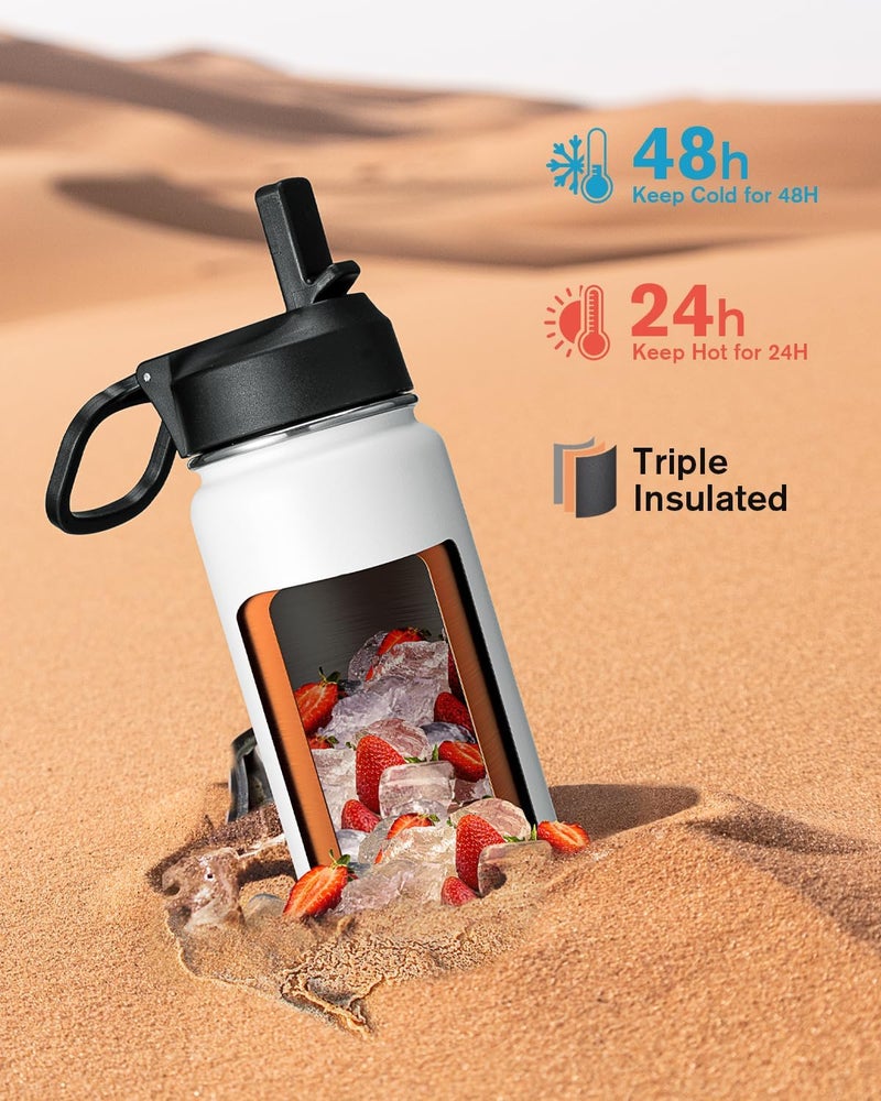 Coolflask Water Bottle 750ml Insulated with Straw, Stainless Steel Metal 3 Lids Water Flask Wide Mouth for Sports or Office, Non-BPA Keep Cold Up to 48 Hrs or Hot Up to 24 Hrs, White - Image 2