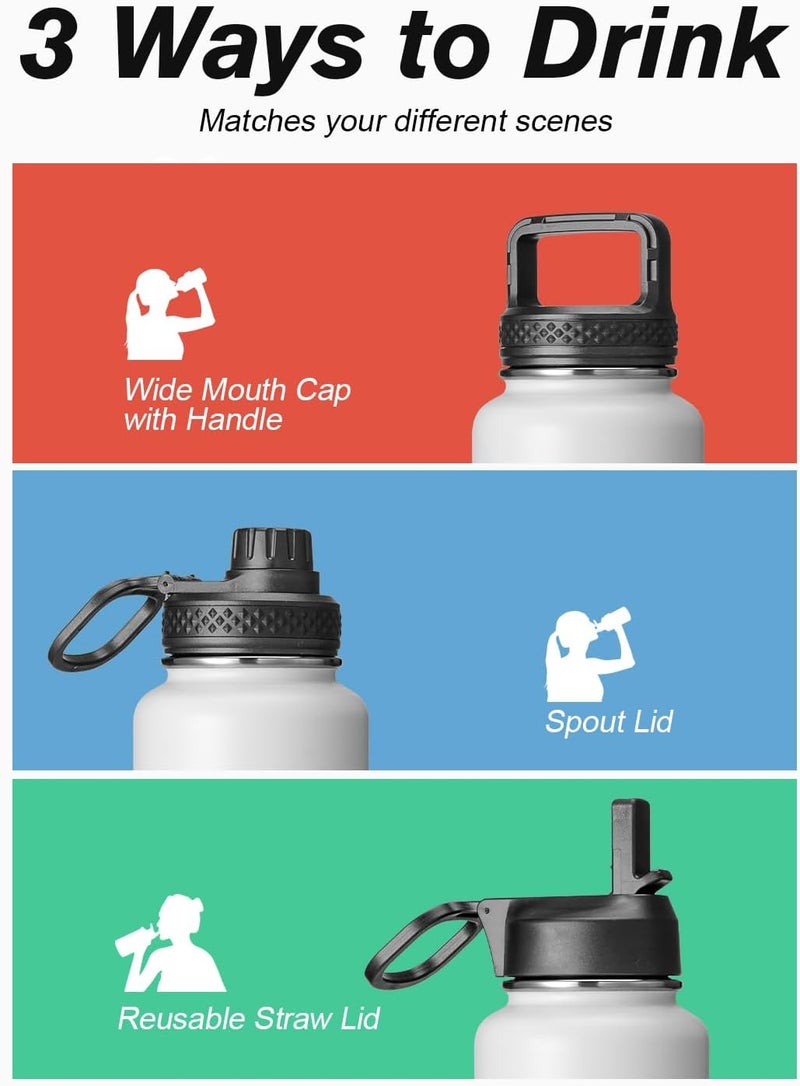 Coolflask Water Bottle 750ml Insulated with Straw, Stainless Steel Metal 3 Lids Water Flask Wide Mouth for Sports or Office, Non-BPA Keep Cold Up to 48 Hrs or Hot Up to 24 Hrs, White - Image 5