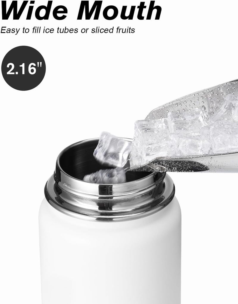 Coolflask Water Bottle 750ml Insulated with Straw, Stainless Steel Metal 3 Lids Water Flask Wide Mouth for Sports or Office, Non-BPA Keep Cold Up to 48 Hrs or Hot Up to 24 Hrs, White - Image 4