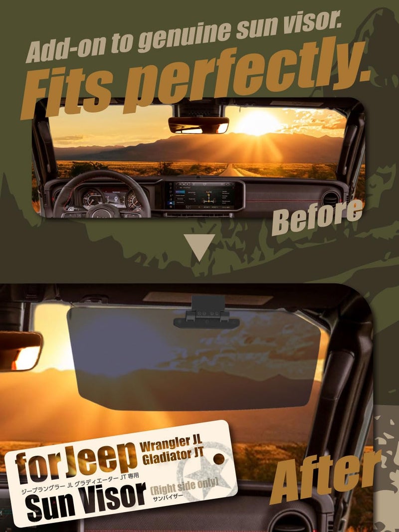 AZUTO Sun Visor Extension Right Side Only for Jeep Wrangler JL JLU & Gladiator JT 2018-2026, UV400 Polycarbonate Lens, 99% UV Filtering, Hinge Mount Bolt-On, Torque Hinge Stepless Angle - Image 4