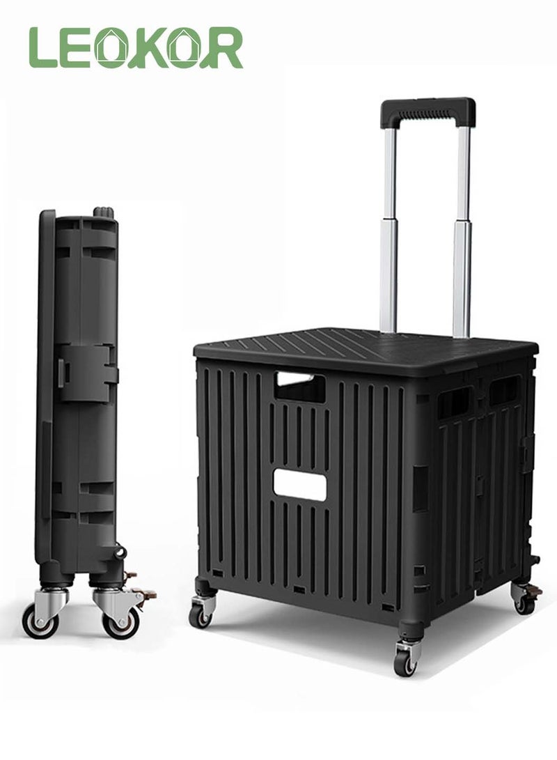 LEOKOR Collapsible Grocery Cart on Wheels - Adjustable Handle, 65L Storage Capacity, Lightweight Folding Shopping Cart with Lid, Utility Cart, Black - Image 1