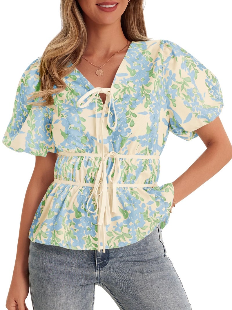 Cicy Bell Womens Puff Sleeve Tie Front Tops Summer Babydoll Peplum V Neck Blouse Casual Dressy Pleated Floral Print Shirts - Image 1