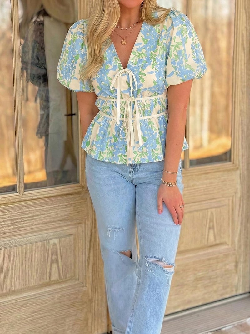 Cicy Bell Womens Puff Sleeve Tie Front Tops Summer Babydoll Peplum V Neck Blouse Casual Dressy Pleated Floral Print Shirts - Image 4
