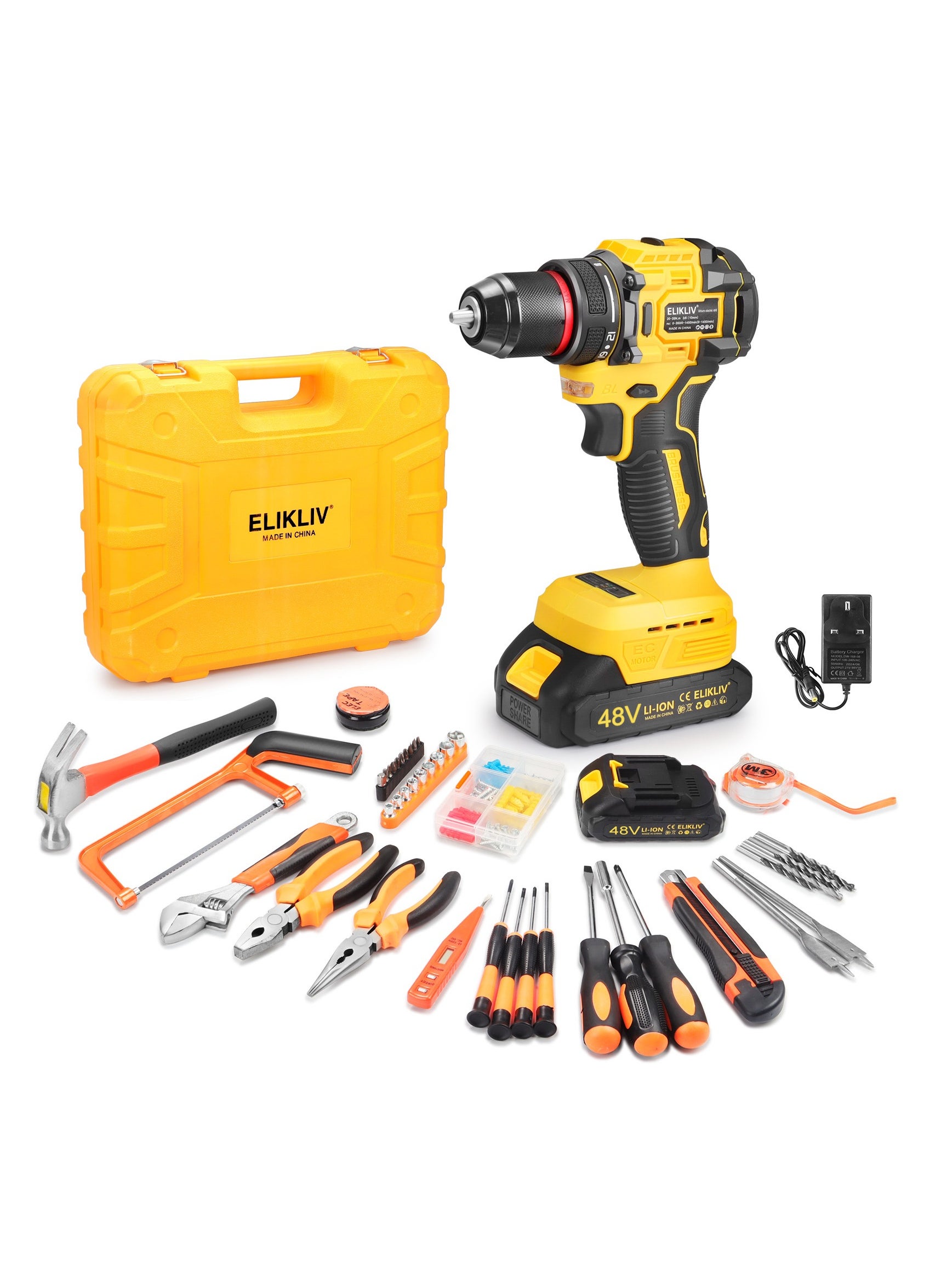 ELIKLIV 48V Cordless Drill Set with 3/8" Keyless Chuck, 45Nm Max Torque, 25+1 Clutch Cordless Drill, Basic Toolbox for Home Repairs with 2 Batteries 