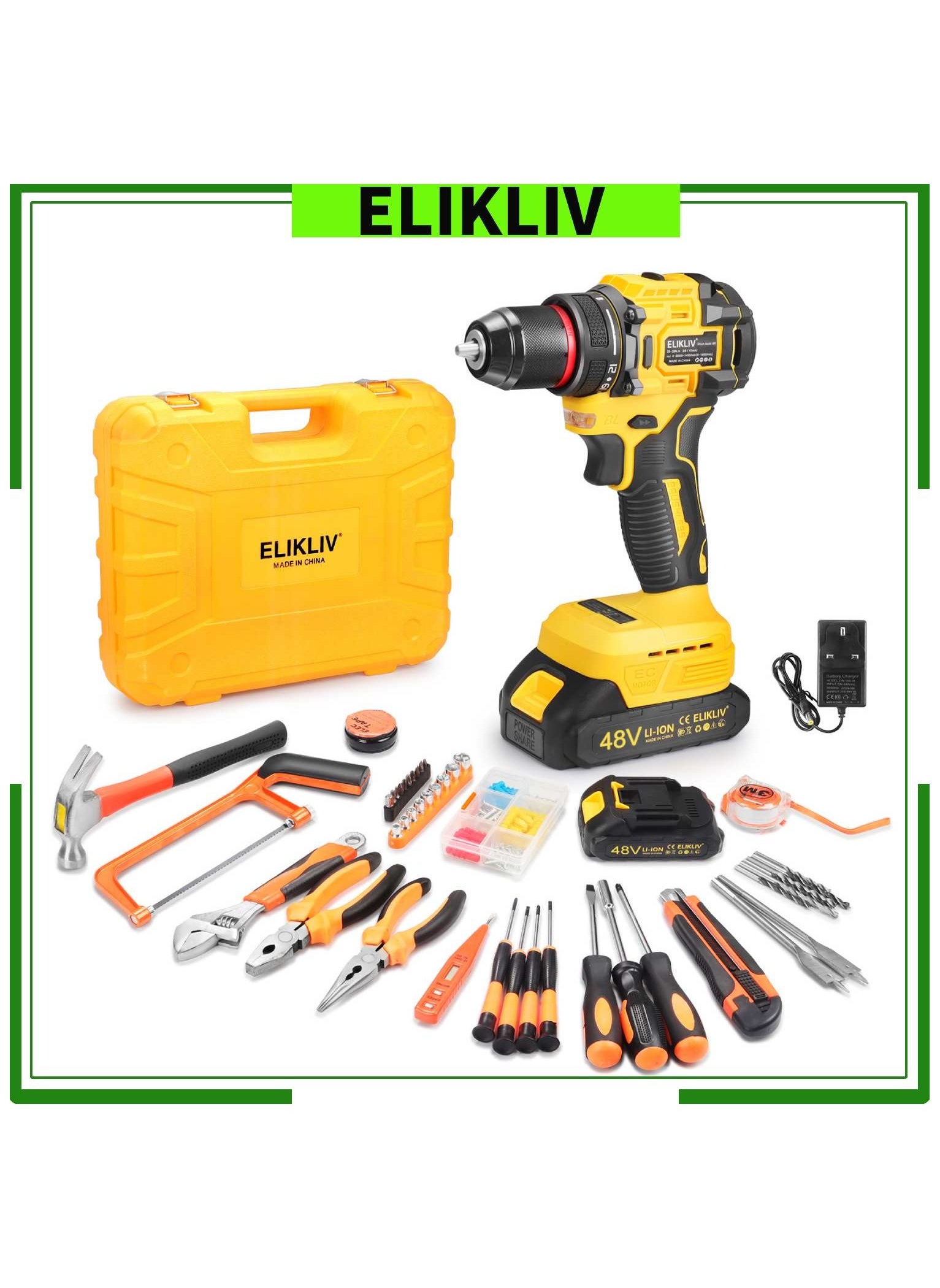 ELIKLIV 48V Cordless Drill Set with 3/8" Keyless Chuck, 45Nm Max Torque, 25+1 Clutch Cordless Drill, Basic Toolbox for Home Repairs with 2 Batteries 