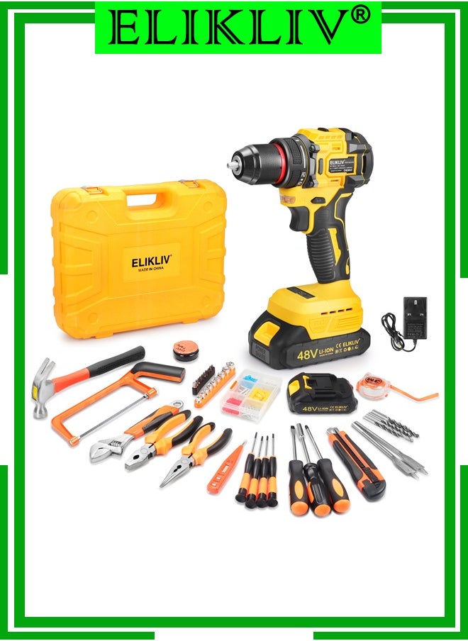 ELIKLIV ELIKLIV 48V Cordless Drill Set with 3/8" Keyless Chuck, 45Nm Max Torque, 25+1 Clutch Cordless Drill, Basic Toolbox for Home Repairs with 2 Batteries 