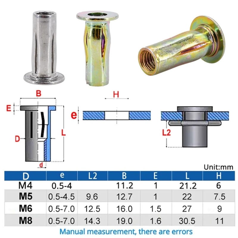 Multi-Grip Rivet-Nuts 25pcs M4 M5 M6 M8 Expansion Rivet Nut Stainless Steel Slotted Insert Flat Head Zinc Plated Iron for Accessory(304 Stainless Steel,M8) - Image 4