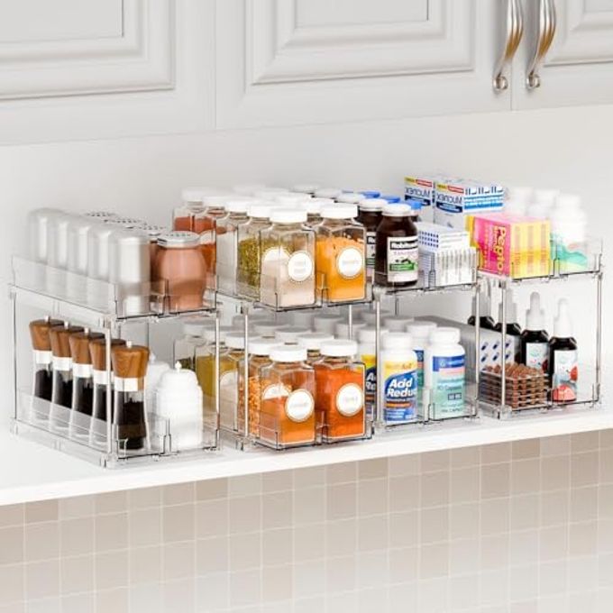 Yieach 2 Tier Sliding Spice Racks for Cabinets,4 Pack 10.4'' Deep Narrow Vertical Spice Rack Pull Out for Inside Cabinets,Kitchen,Pantry,Cupboard Seasoning,Jar Organizer and Medicine Cabinet Storage
